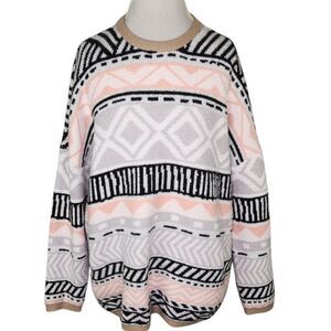 52seven Pink, White, Black, & Tan Geometric Thick Oversized Sweater Size Large